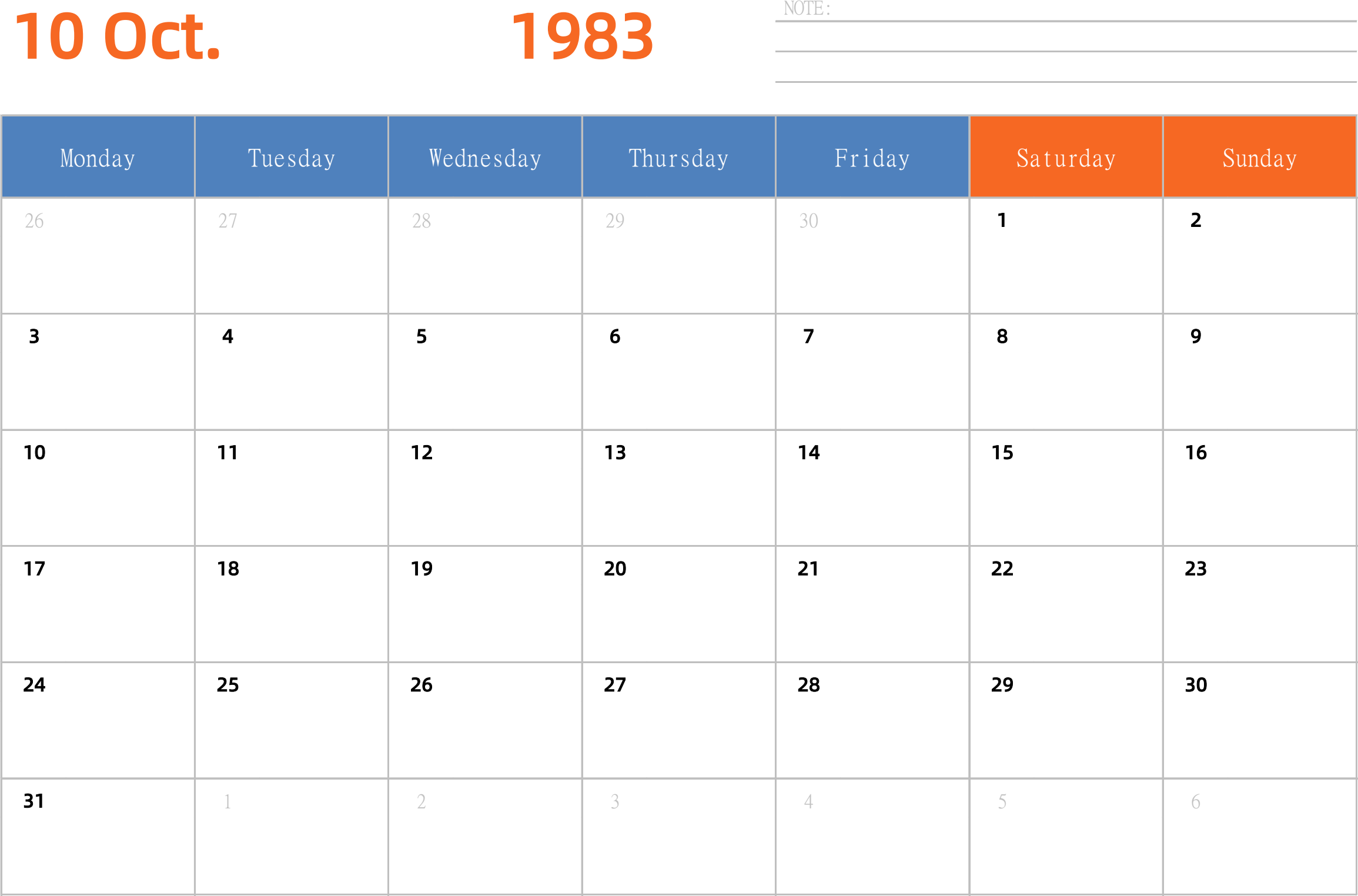 日历表1983年日历 英文版 横向排版 周一开始